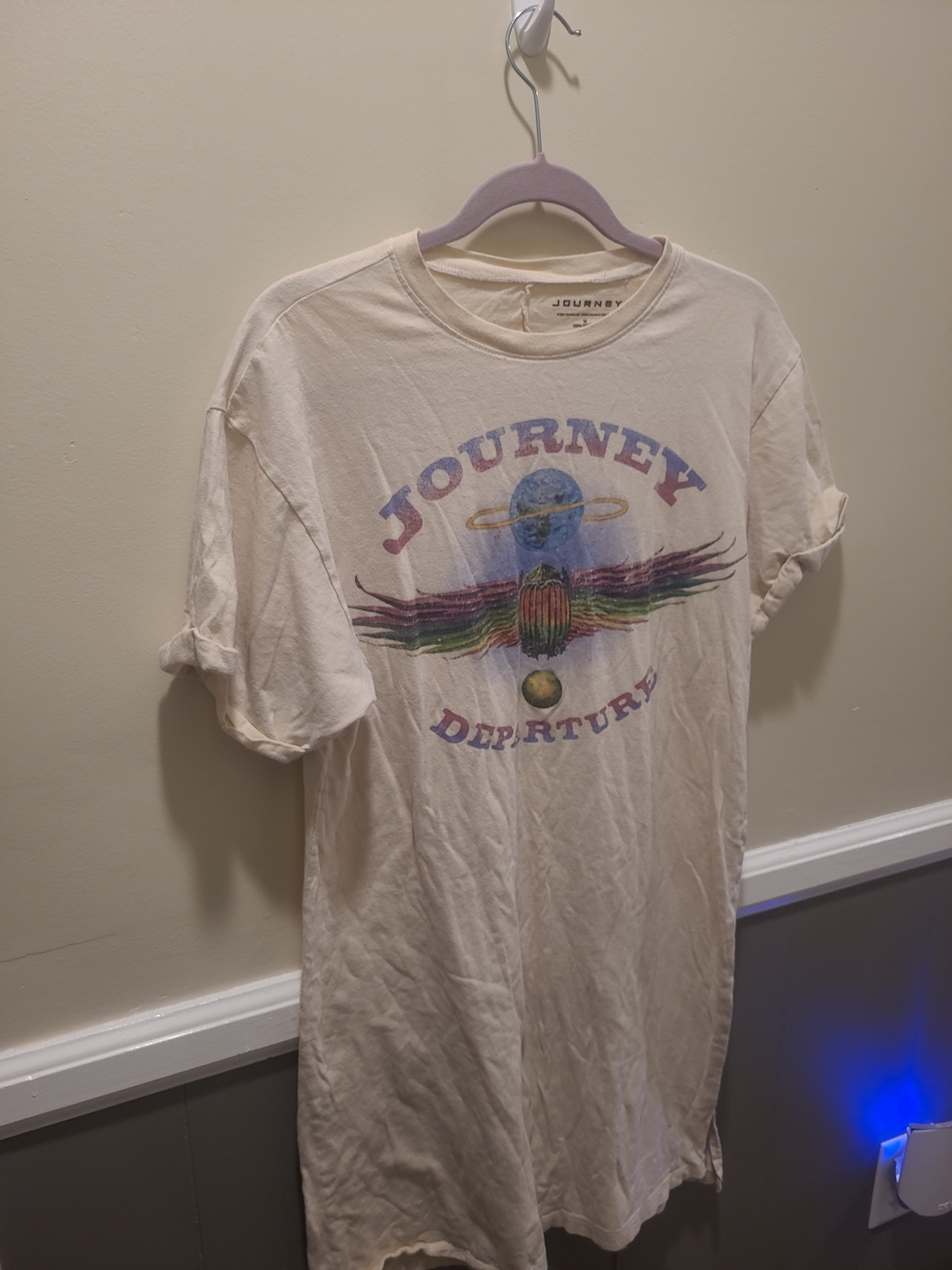 Journey Band Tshirt Dress Nightgown Ivory Graphic Womens Medium Rock n Roll FLAW - Picture 3 of 9